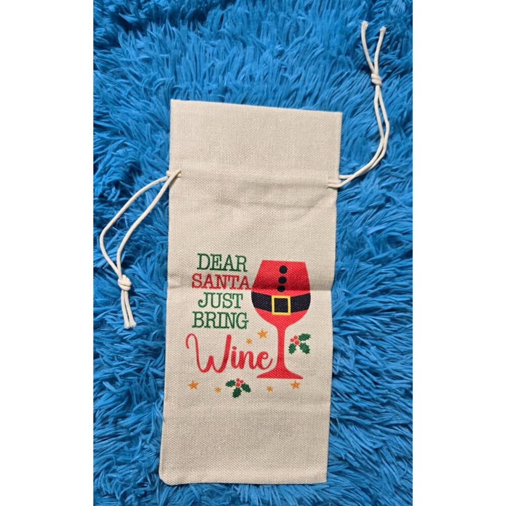 Dear Santa Just Bring Wine Printed Fabric Drawstring Bottle Bag- 1 Pack 13"x5.5"